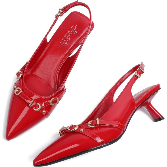 Mostrin Kitten Heel Ruby Faux Leather Low Slingback Heel with Buckle Dress Shoes - Picture 9 of 9